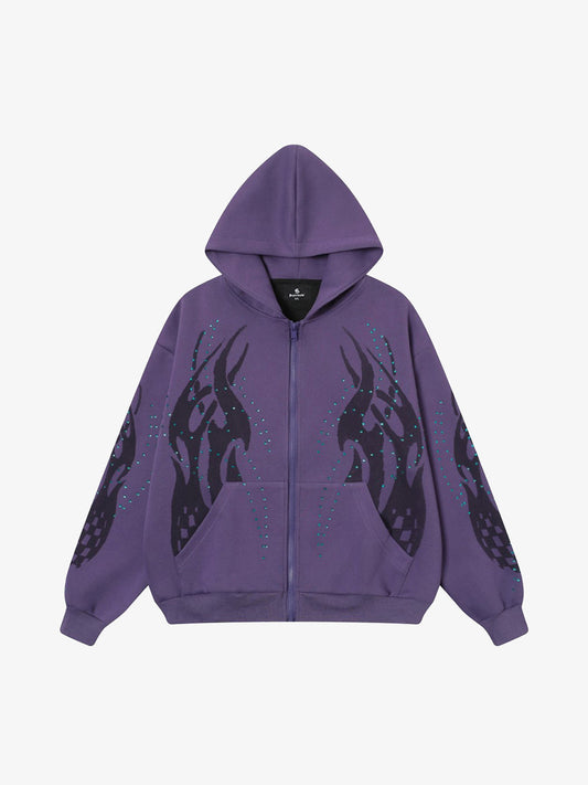 Stylish Purple Hoodie with Unique Flame Design and Rhinestone Accents 