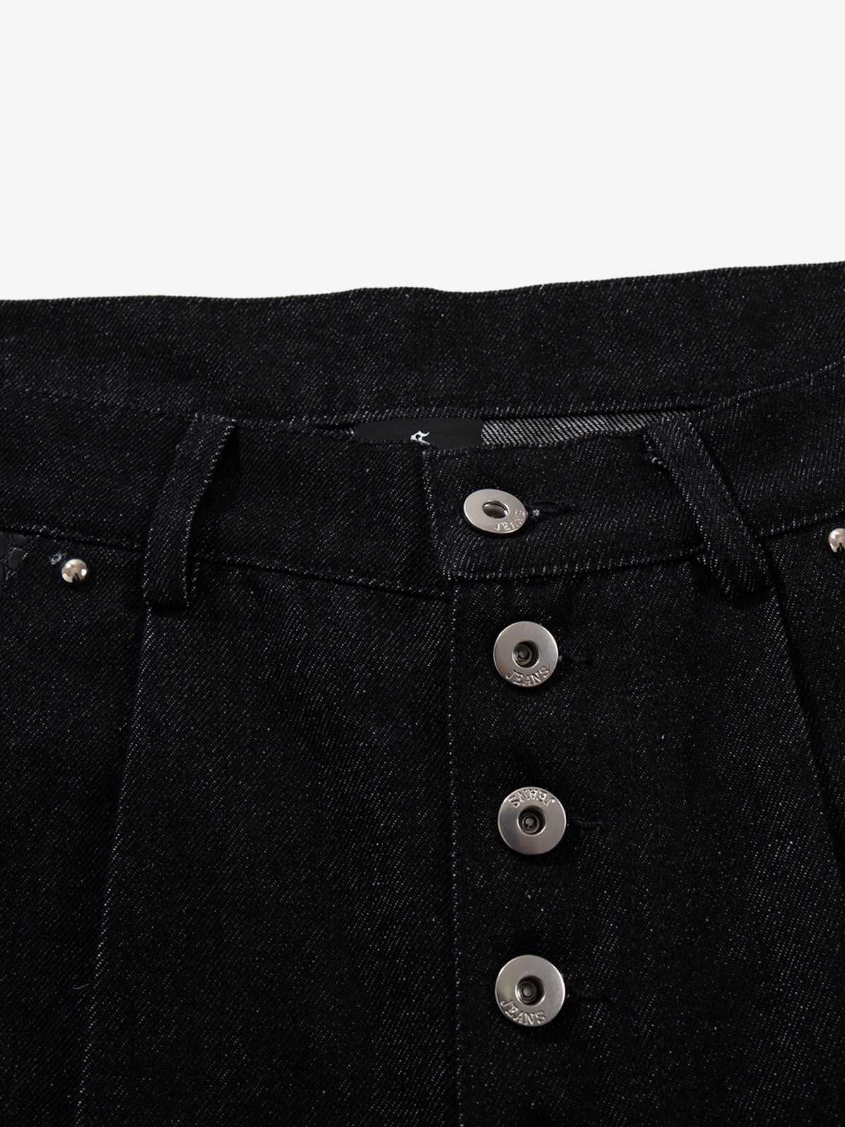 Black Denim Wide-Leg Cropped Pants with Leather Panels and Stud Details 