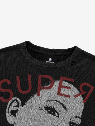 Tongue Graphic Distressed Waffle Long Sleeve Tee