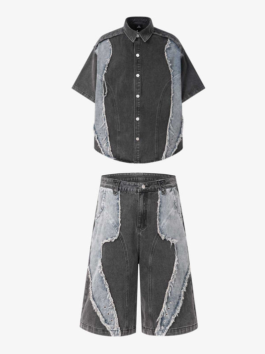 Retro Raw Edge Panelled Denim Utility Set