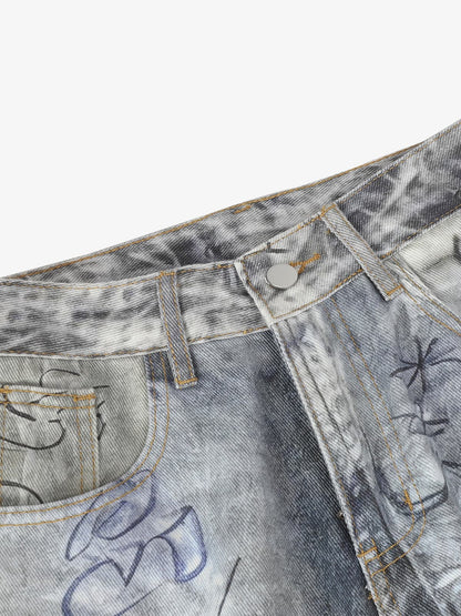 Vintage Graffiti Scribble Wash Straight Leg Jeans 