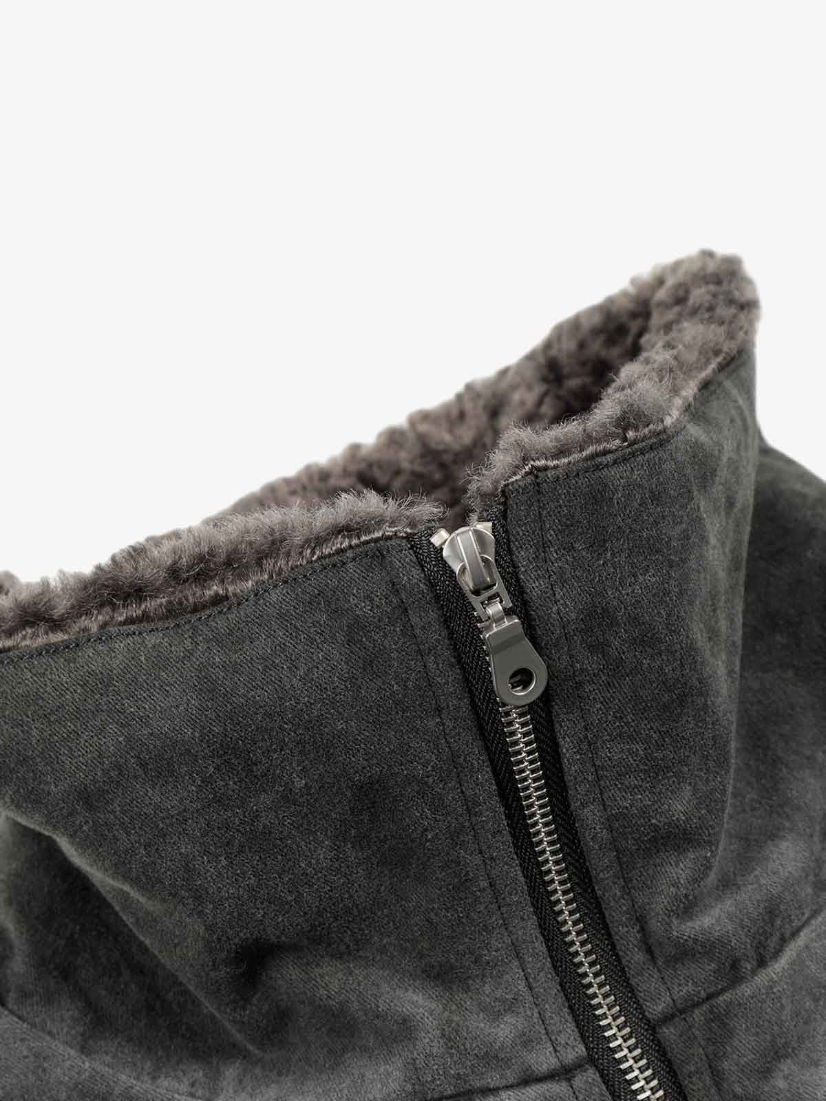 Vintage Distressed Pleated Shearling Collar Fleece Jacket 