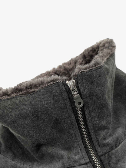 Vintage Distressed Pleated Shearling Collar Fleece Jacket 