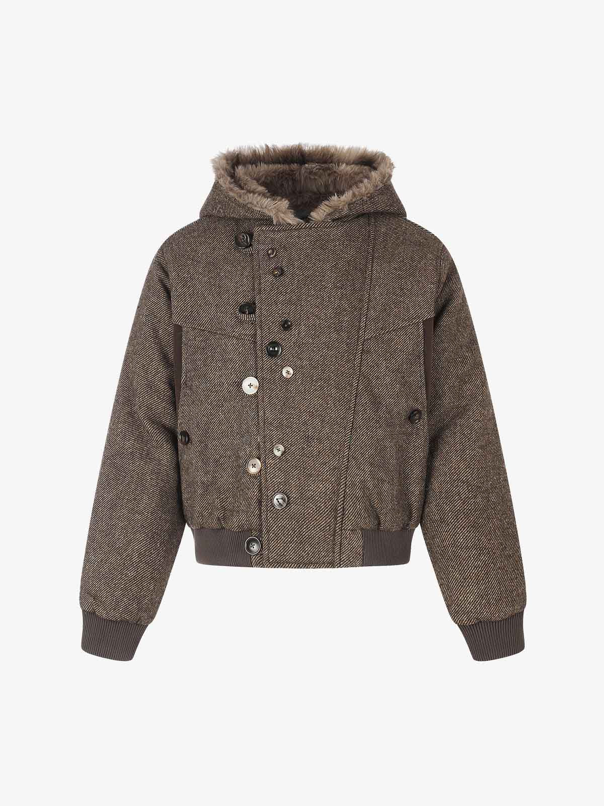 Faux-Fur Lined Asymmetric Button Hooded Coat