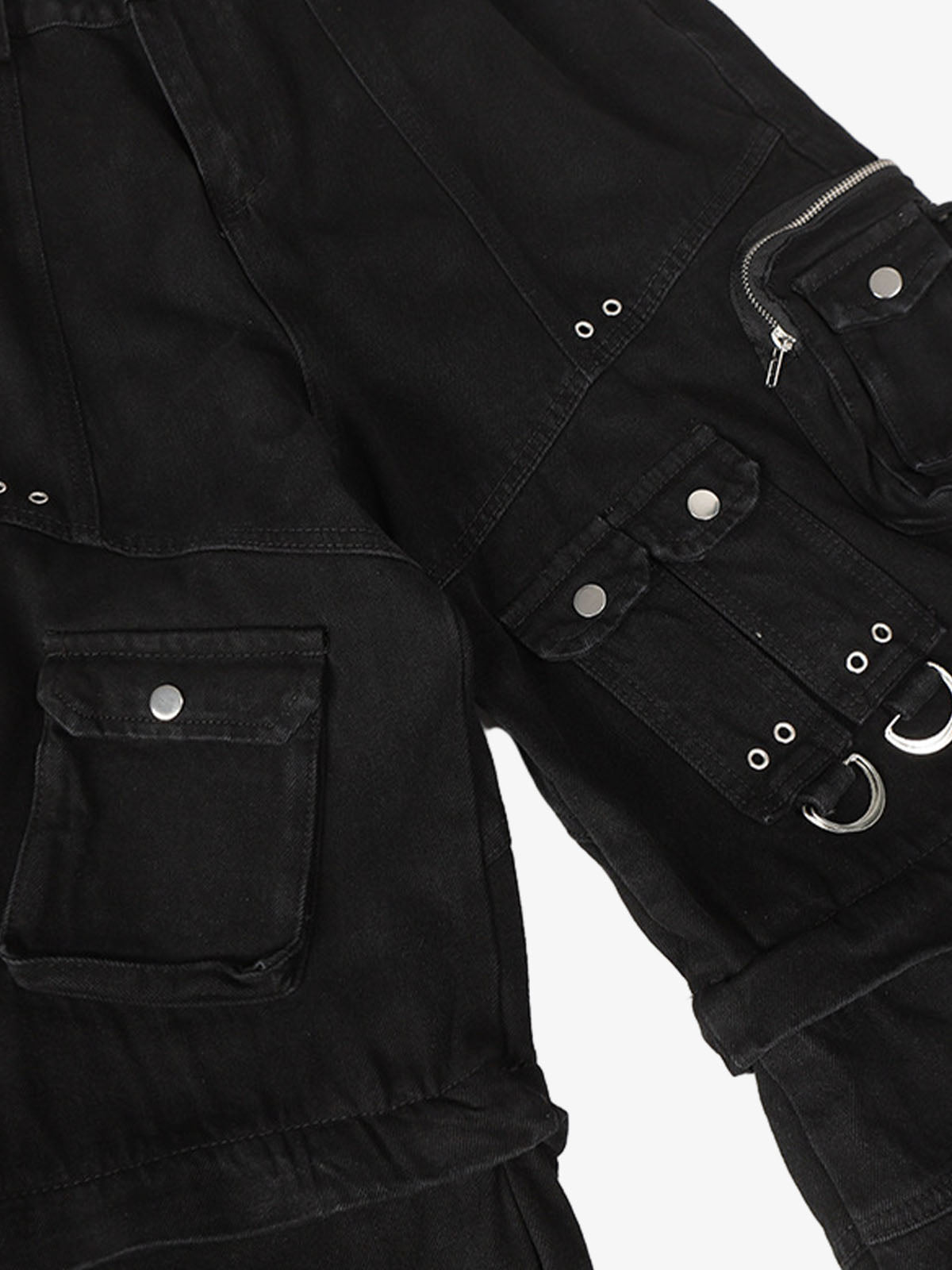 Black Tactical Cargo Shorts with Multi-Pockets and Zipper Accents 