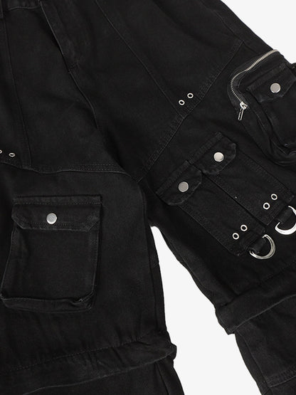 Black Tactical Cargo Shorts with Multi-Pockets and Zipper Accents 