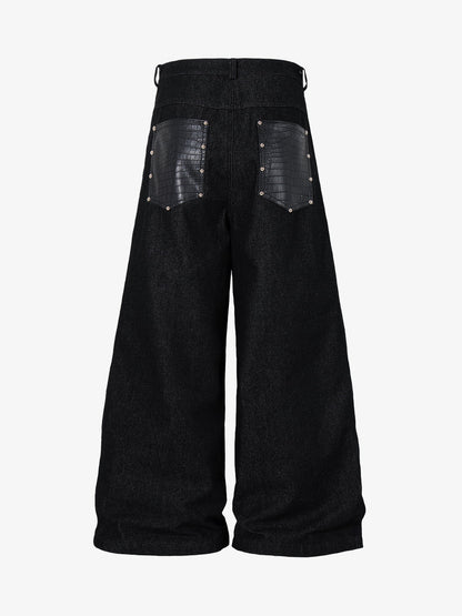 Black Denim Wide-Leg Cropped Pants with Leather Panels and Stud Details 