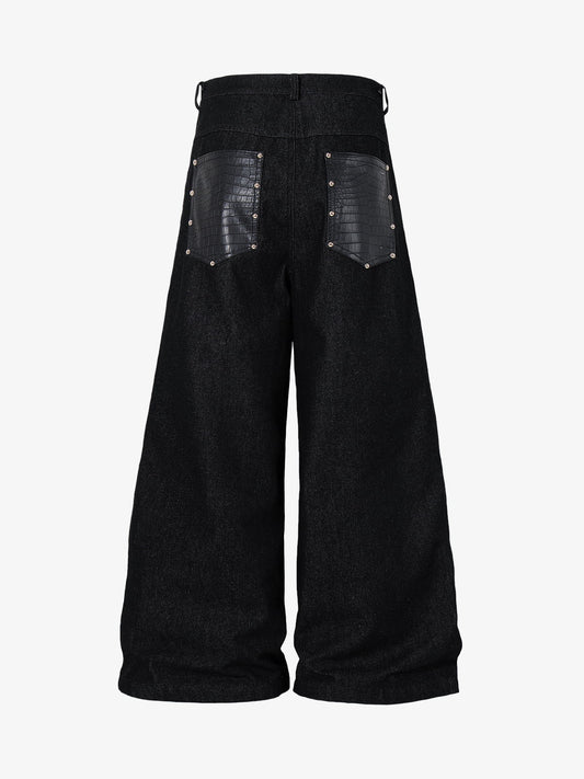 Black Denim Wide-Leg Cropped Pants with Leather Panels and Stud Details 