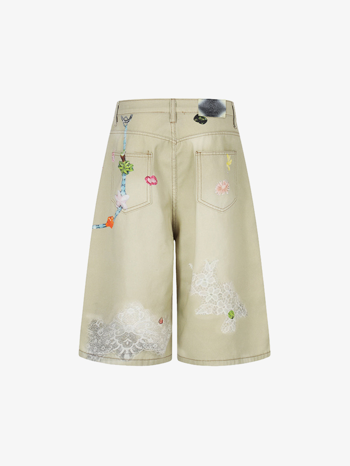 Jeansshorts mit Blumenapplikationen im Used-Look