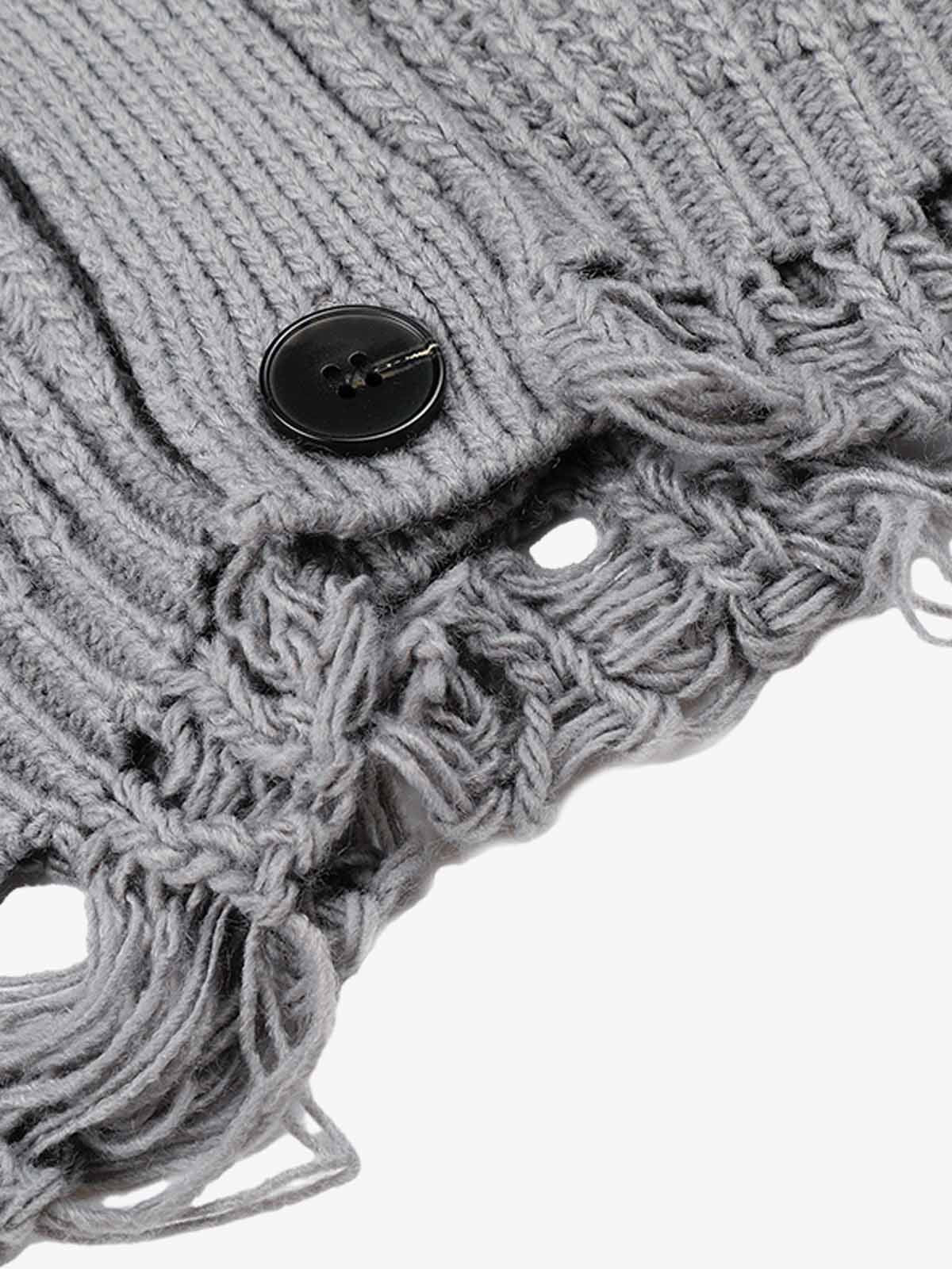 Faux-Fur Collar Distressed Knit Cardigan