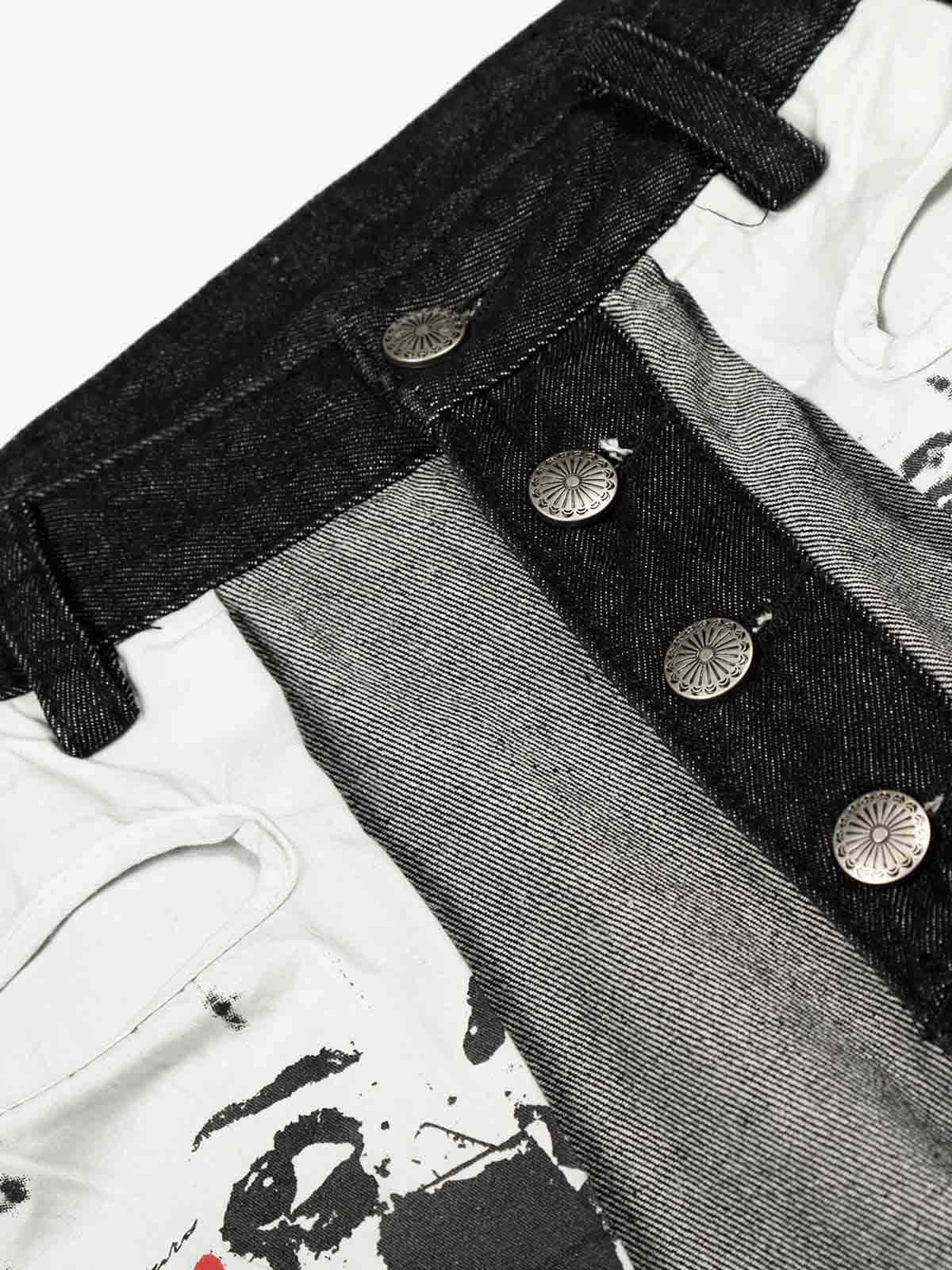 Distressed Reverse Design Large Pocket Printed Jeans 