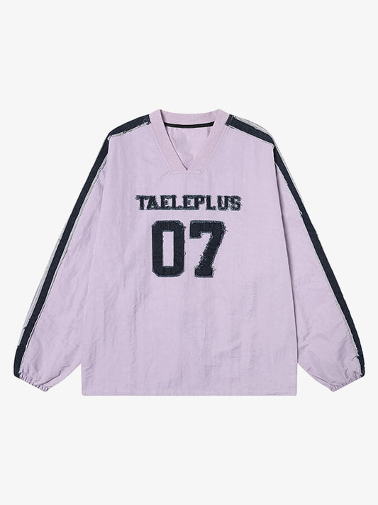 Retro Denim Distressed Patch Number Long-sleeved T-shirt 