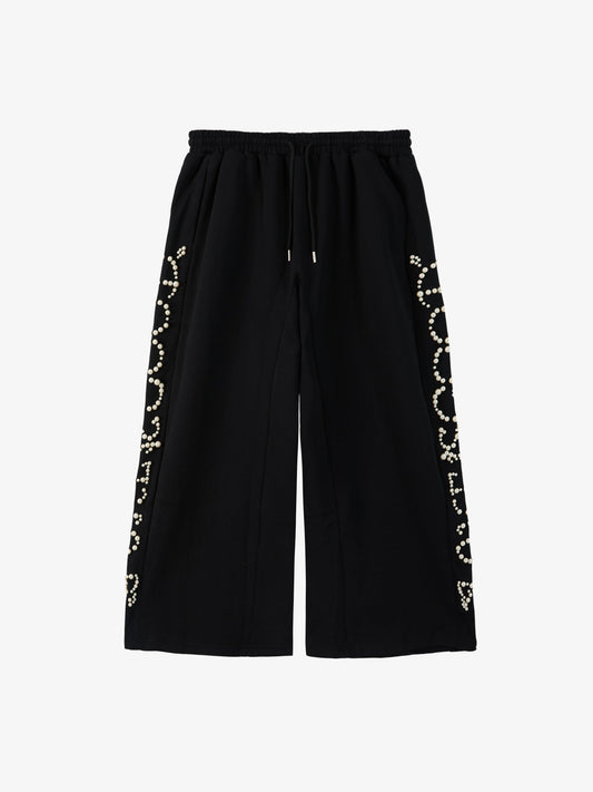 Cotton Blend Pearl Embellished Wide Leg Sweatpants for Women 