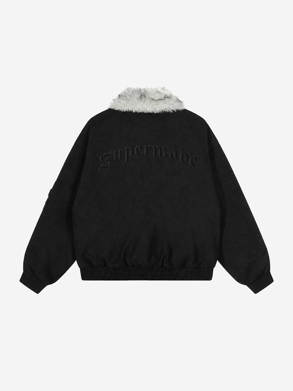 Embroidered Faux-Fur Collar Oversized Distressed Bomber Jacket