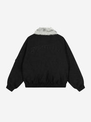 Embroidered Faux-Fur Collar Oversized Distressed Bomber Jacket
