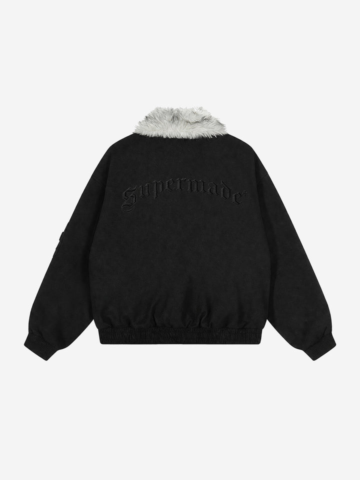 Embroidered Faux-Fur Collar Oversized Distressed Bomber Jacket