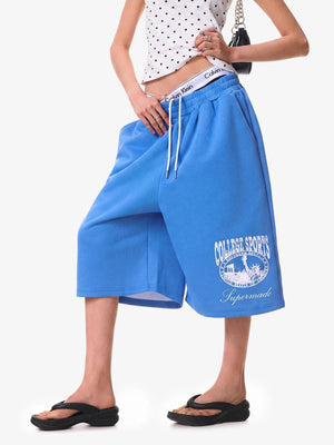 Distressed Letter Graphic Cropped Wide-Leg Shorts