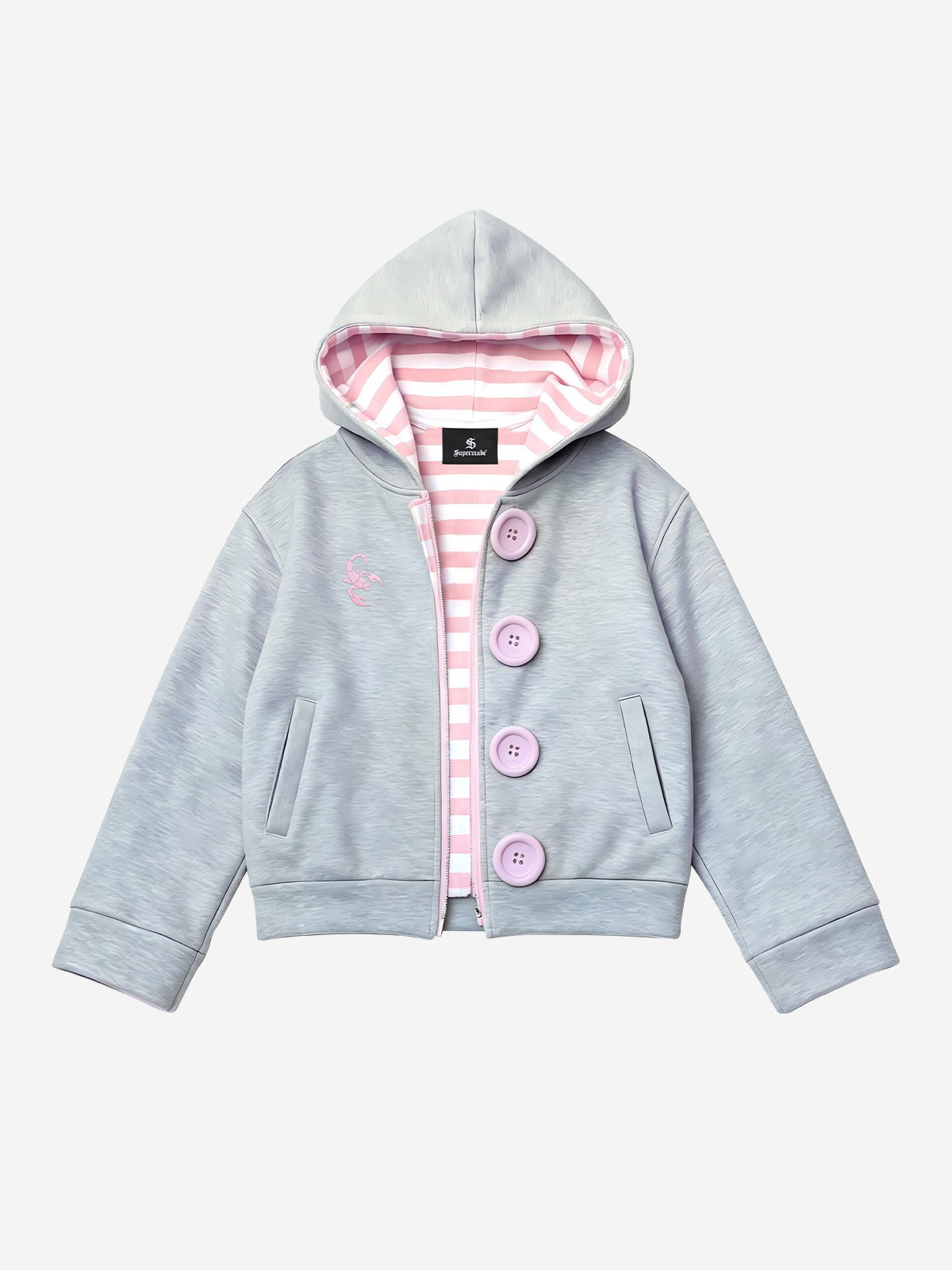 Kapuzenpullover mit Skorpionstickerei, Streifenfutter und Knopfleiste