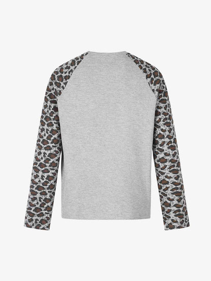 Lip Graphic Leopard Patchwork Waffle Long Sleeve Tee