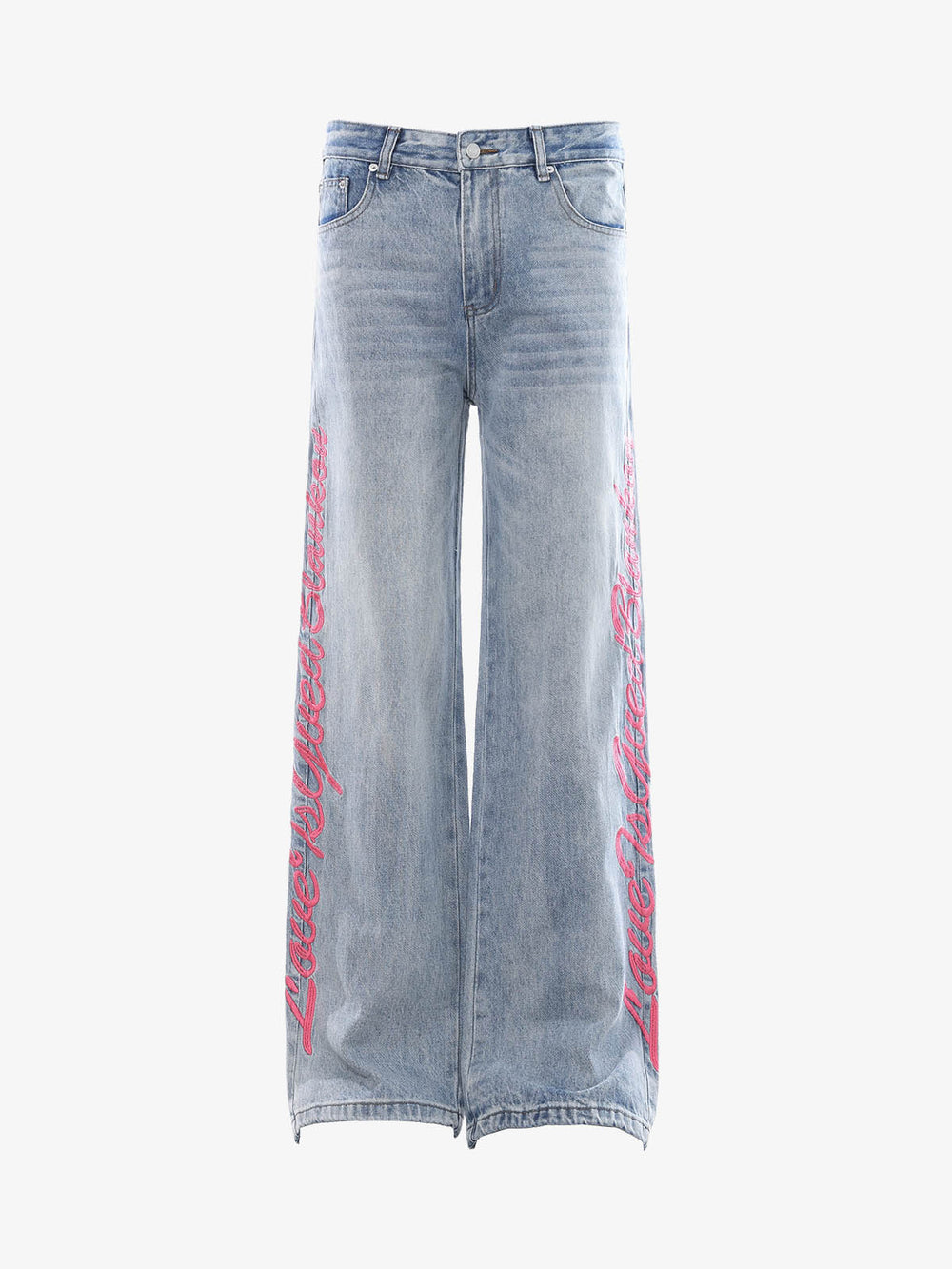 Pink Letter Embroidered Curved-Seam Jeans