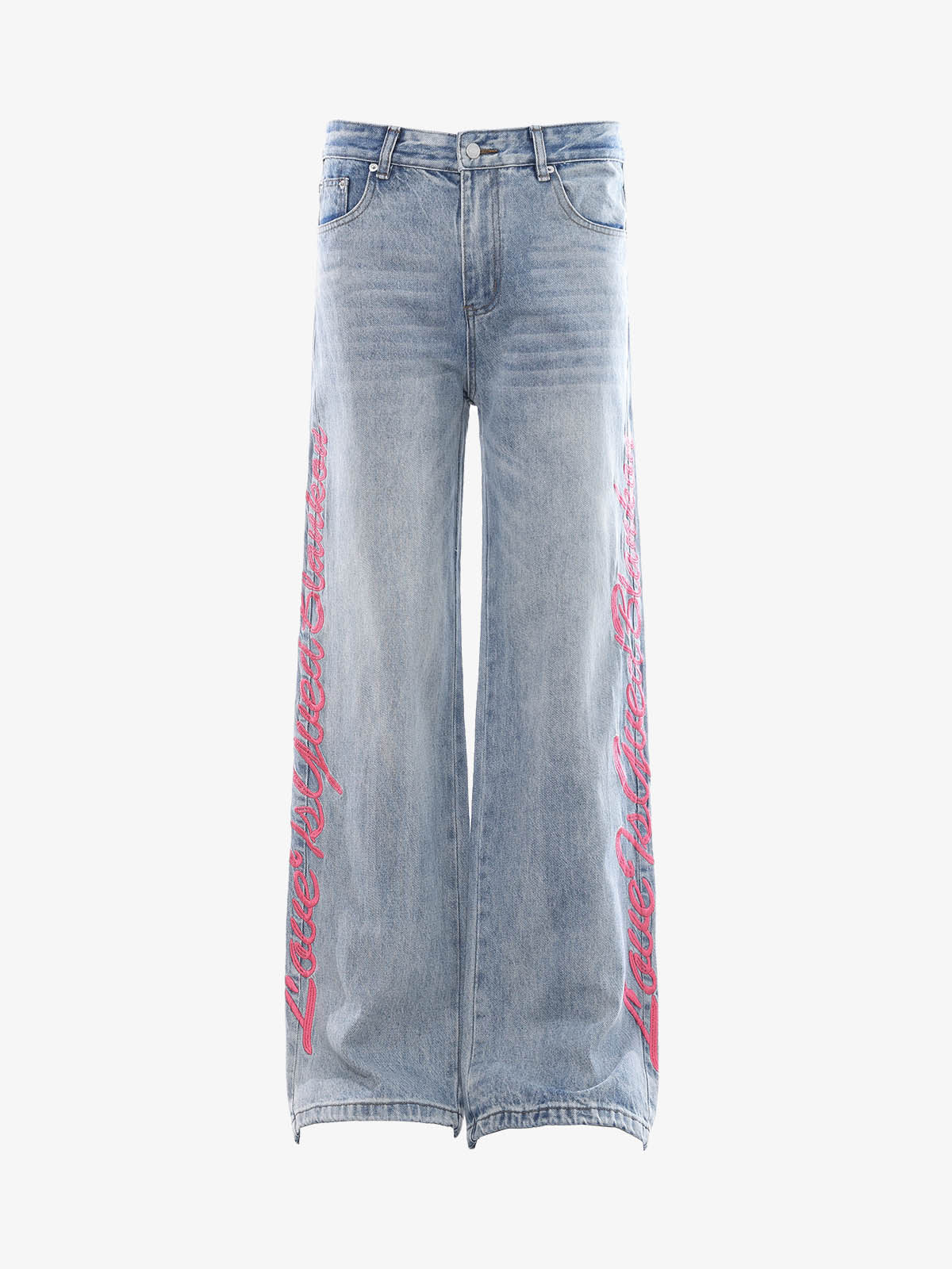 Pink Letter Embroidered Curved-Seam Jeans