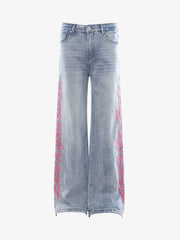 Pink Letter Embroidered Curved-Seam Jeans