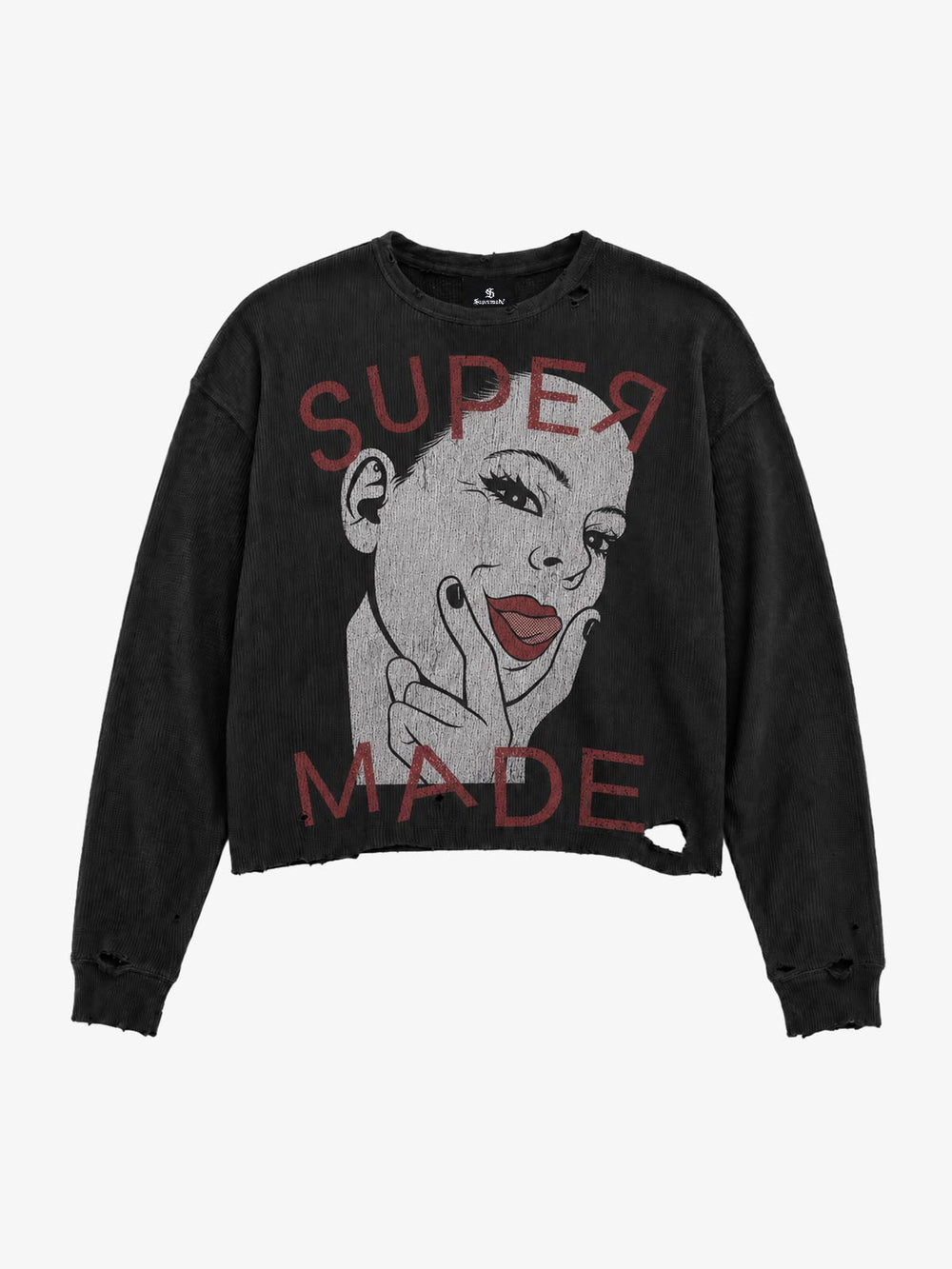 Tongue Graphic Distressed Waffle Long Sleeve Tee