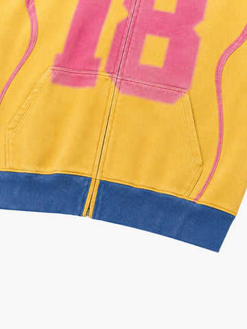 Racing Number Graphic Color Block Cropped Zip Hoodie