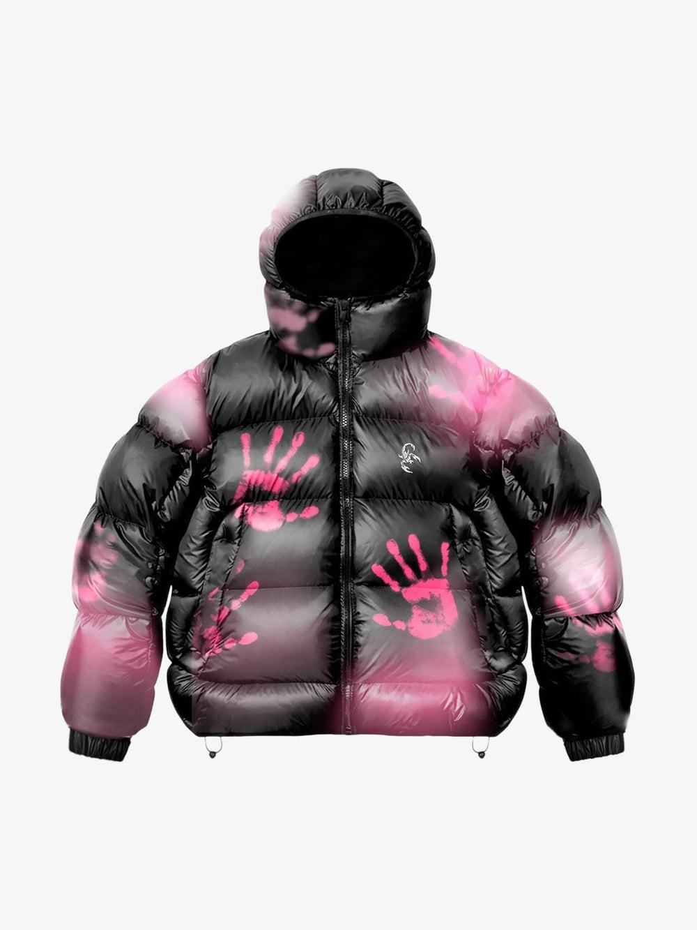 Neon Handprint Graphic Hooded Puffer Coat