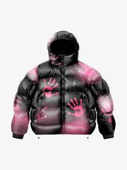 Neon Handprint Graphic Hooded Puffer Coat