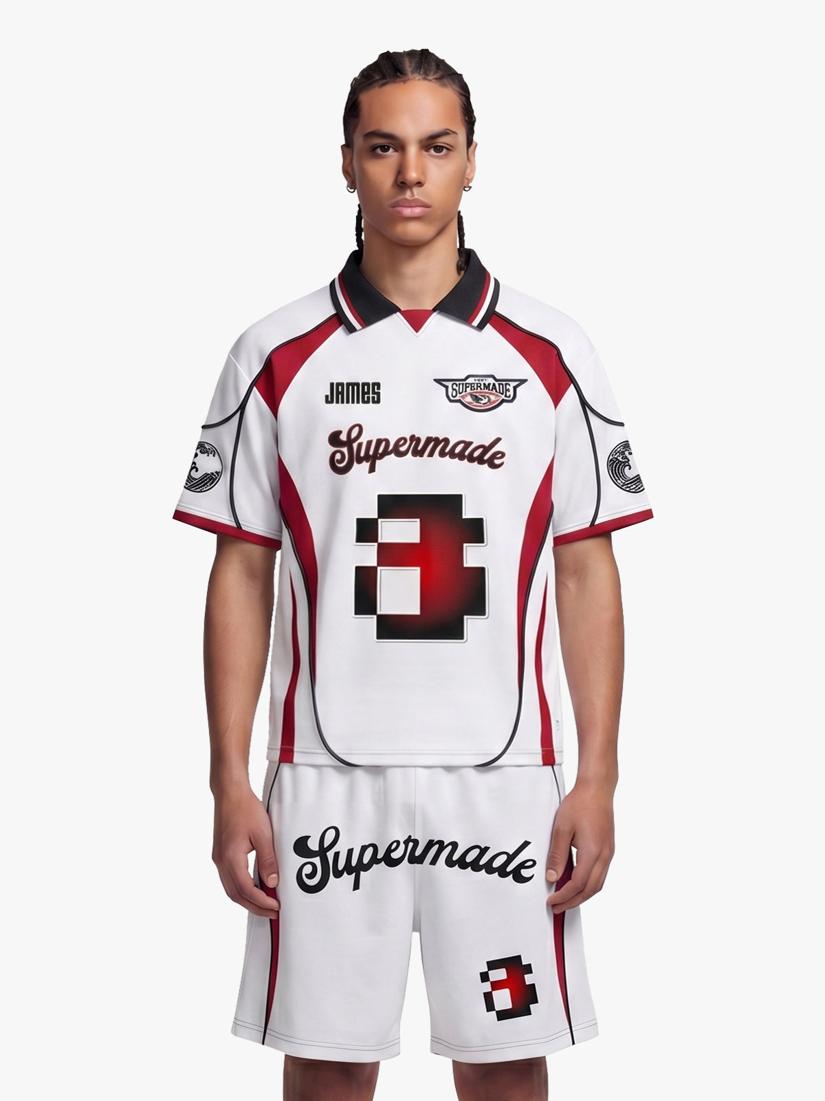 Retro Japanese-Style Red & White Pixel Print Custom Jersey Set