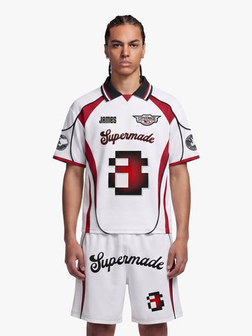 Retro Japanese-Style Red & White Pixel Print Custom Jersey Set