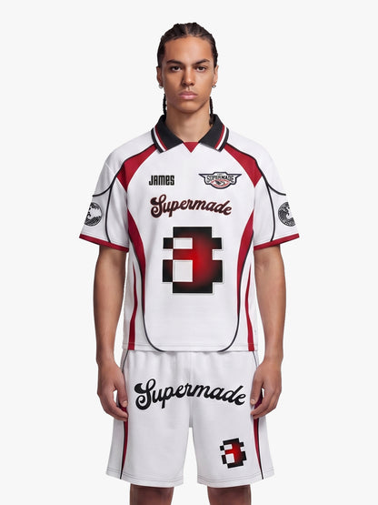 Retro Japanese-Style Red & White Pixel Print Custom Jersey Set