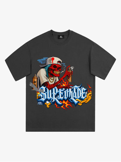 Thesupermade Skull Graffiti Artist Flame Flower Font T-shirt 
