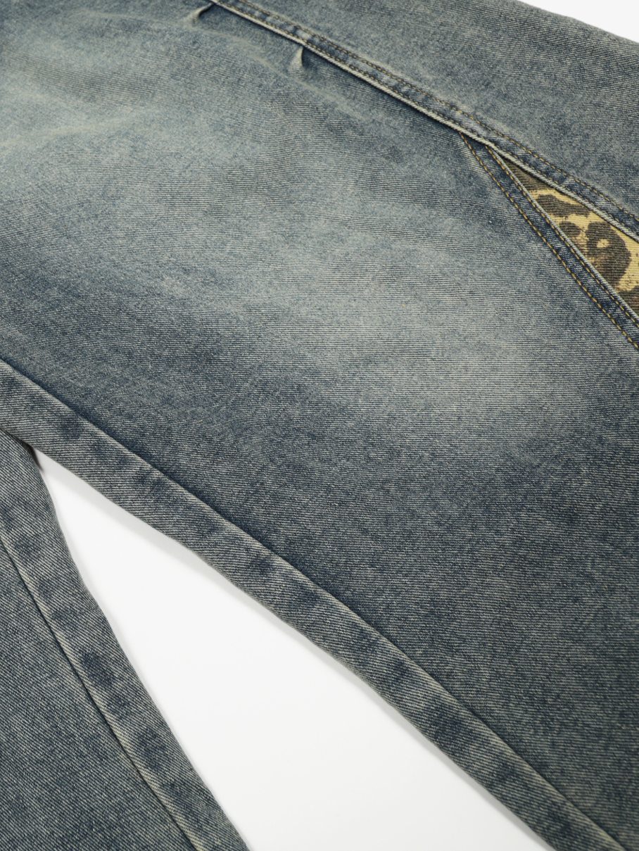 Leopard Hem Washed Curved-Leg Jeans