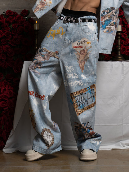 Artistic Denim Wide-Leg Jeans with Angelic Prints and Graffiti Details 