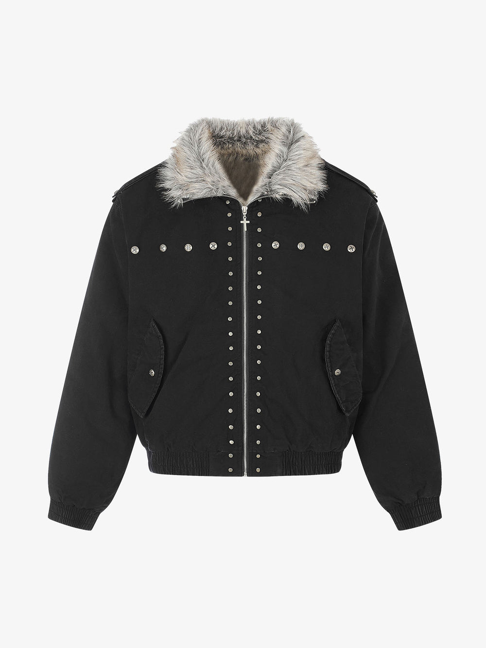Studded Faux-Fur Collar Bomber Coat