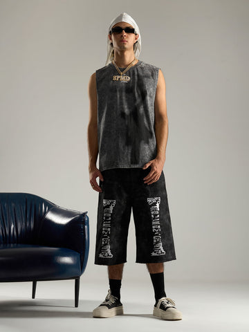 Cross-Print Distressed Washed Vest 