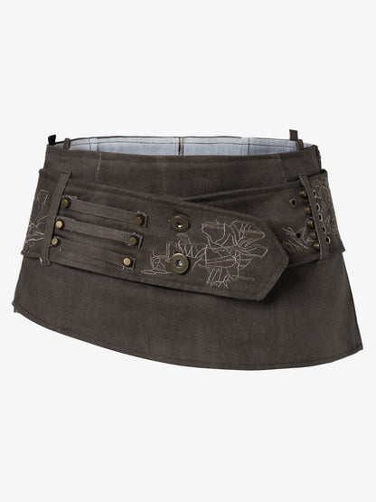 Thesupermade Metallic Studded Embroidery Belt Mini Skirt