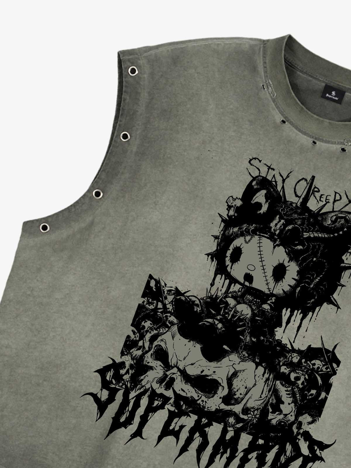 Vintage Washed Dark Cute Graphic Sleeveless T-Shirt 