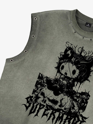 Vintage Washed Dark Cute Graphic Sleeveless T-Shirt 