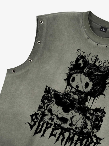 Vintage Washed Dark Cute Graphic Sleeveless T-Shirt 