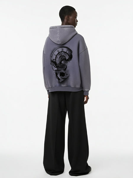 Thesupermade Washed Batik Distressed Double Zipper Cardigan Hooded Sweatshirt Sketch Skull Clock 