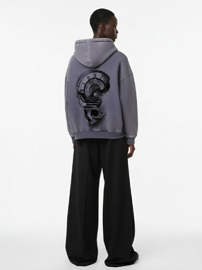 Thesupermade Washed Batik Distressed Double Zipper Cardigan Hooded Sweatshirt Sketch Skull Clock 