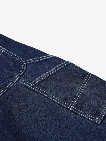 Vintage Contrast Stitch Raw Indigo Denim Wide-Leg Overalls 