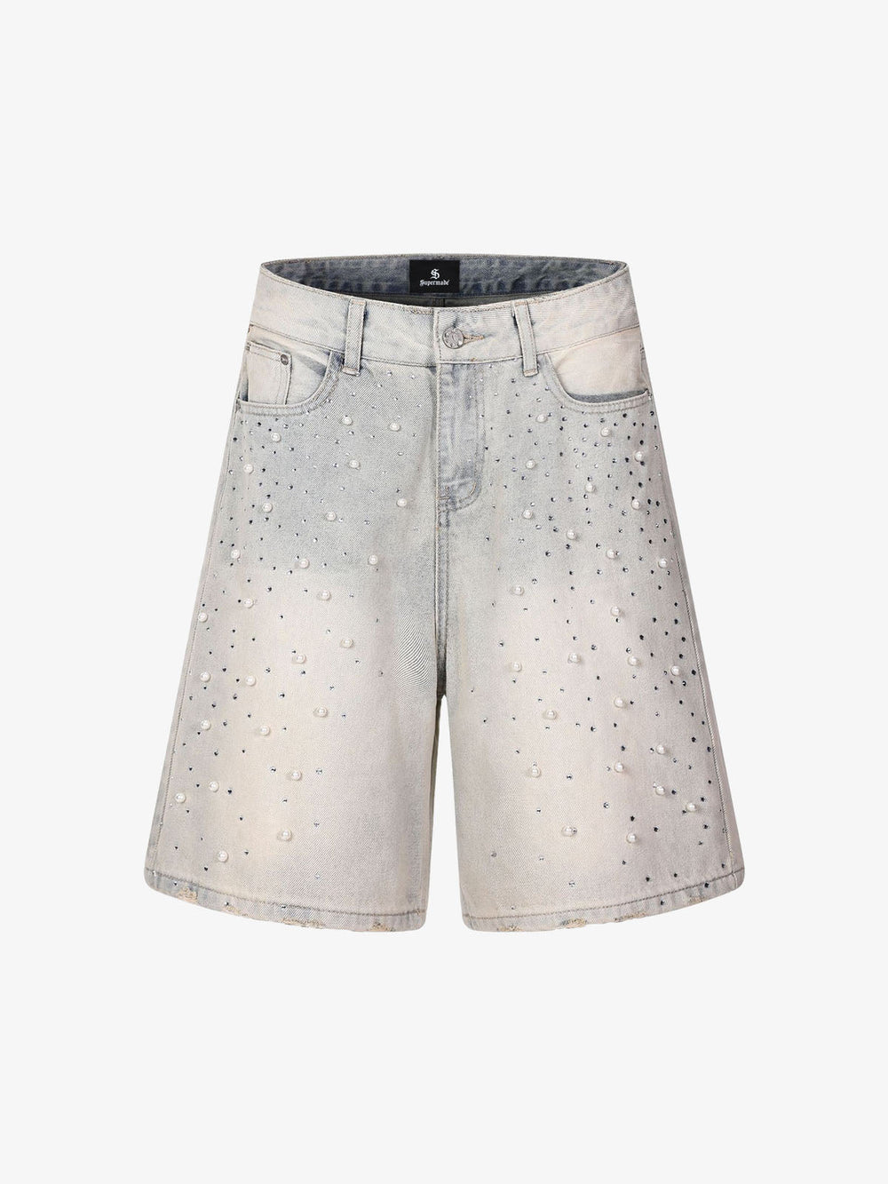 Pearl Embellished Light Wash Denim Shorts 