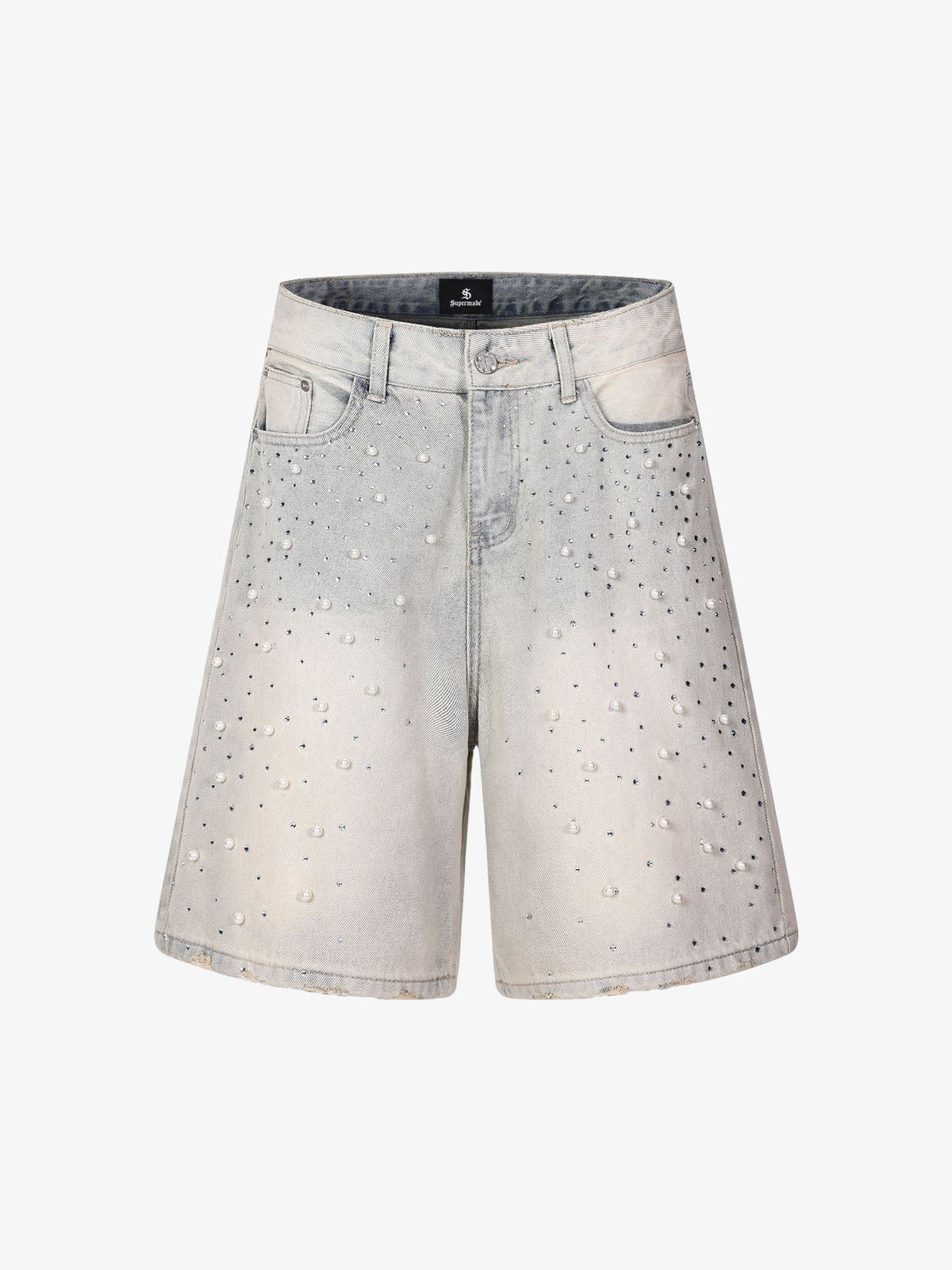 Pearl Embellished Light Wash Denim Shorts 
