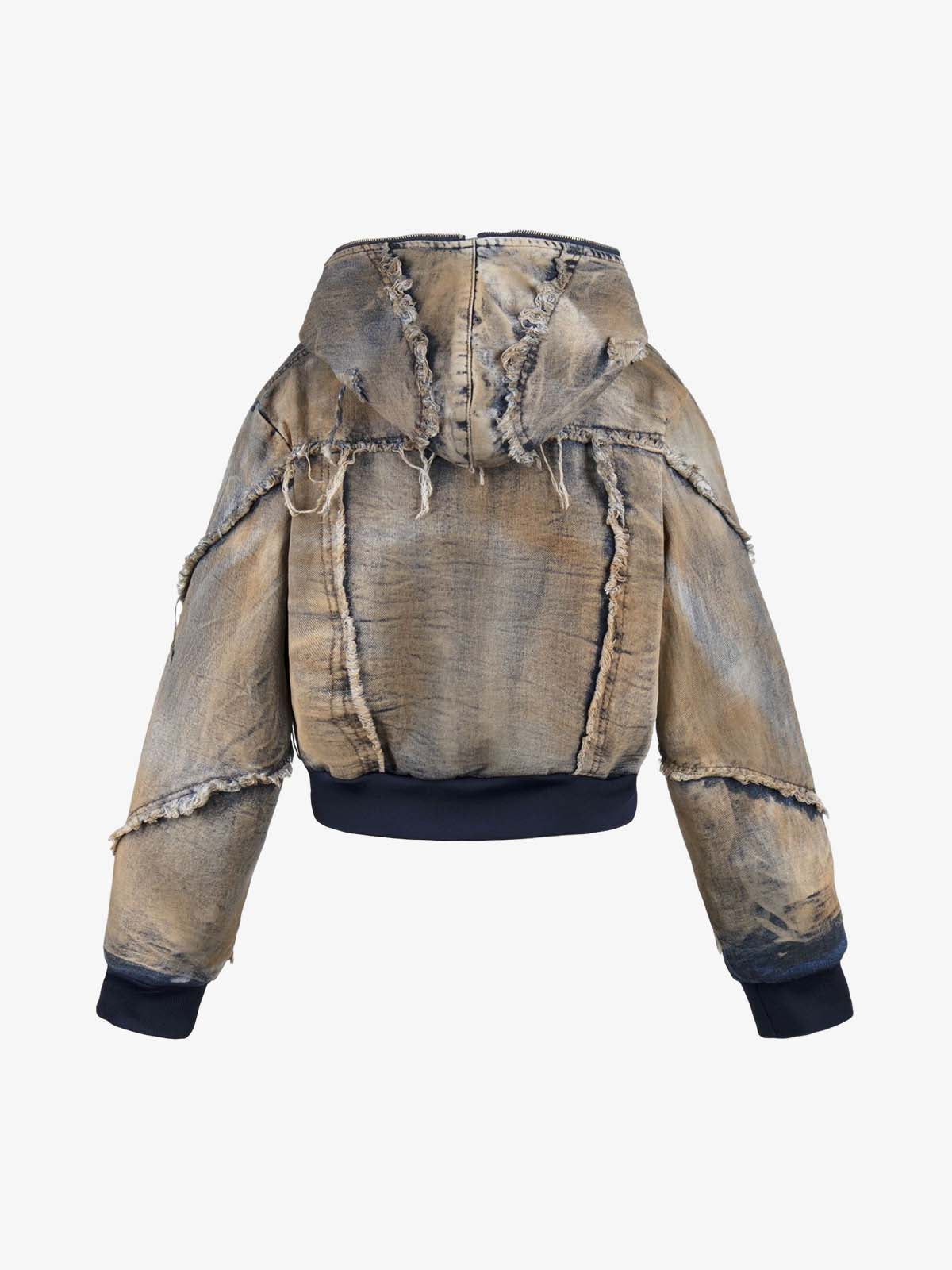 Distressed Mud-Dyed Frayed Edge Denim Bomber Jacket 