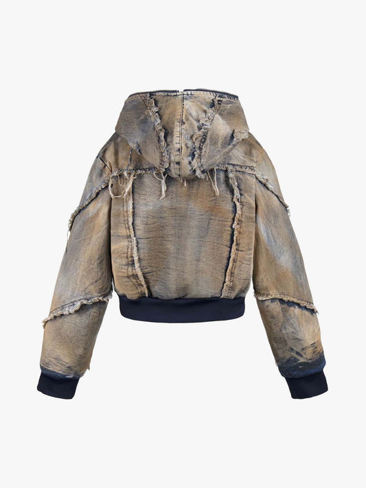 Distressed Mud-Dyed Frayed Edge Denim Bomber Jacket 