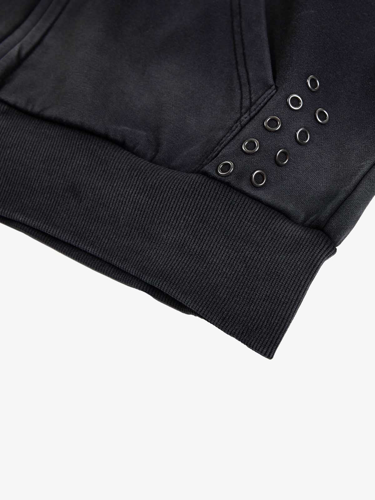 Distressed Grommet Cross Pattern Zip-Up Hoodie